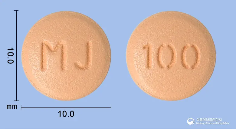시타글엠정100밀리그램(시타글립틴염산염수화물) 앞뒤 사진 (분홍색 원형, 각인 MJ / 100)
