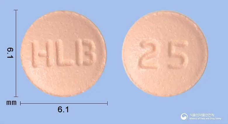 자누엠정25밀리그램(시타글립틴염산염수화물) 앞뒤 사진 (분홍색 원형, 각인 HLB / 25)