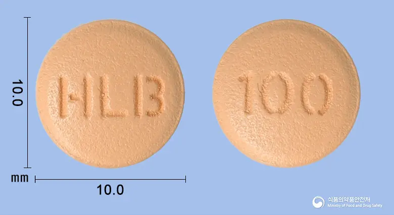 자누엠정100밀리그램(시타글립틴염산염수화물) 앞뒤 사진 (분홍색 원형, 각인 HLB / 100)