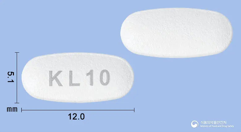 아르젯정10/10밀리그램 앞뒤 사진 (흰색 타원형, 각인 KL10)