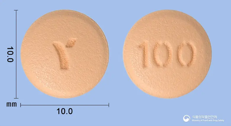 유시타정100밀리그램(시타글립틴염산염수화물) 앞뒤 사진 (분홍색 원형, 각인 100)
