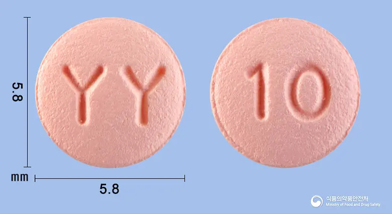 유바로정10밀리그램(리바록사반) 앞뒤 사진 (분홍색 원형, 각인 YY / 10)