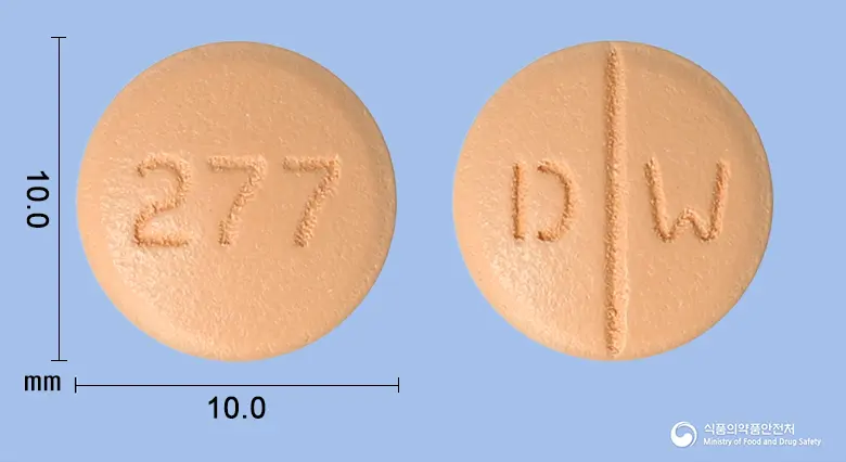 시트디엠정100밀리그램(시타글립틴염산염수화물) 앞뒤 사진 (분홍색 원형, 각인 277 / D W)