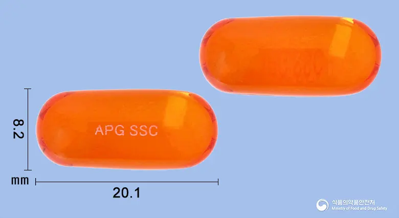 쏙코에프연질캡슐 앞뒤 사진 (주황색·투명 캡슐, 각인 APG SSC)