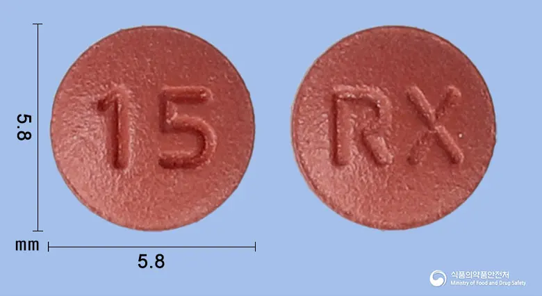 록사원정15밀리그램(리바록사반) 앞뒤 사진 (빨간색 원형, 각인 15 / RX)