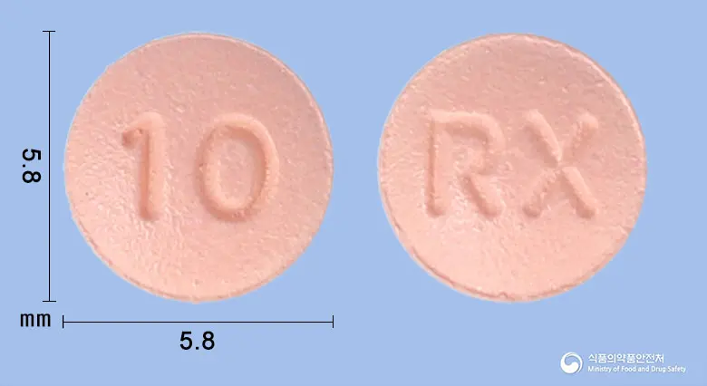 록사원정10밀리그램(리바록사반) 앞뒤 사진 (분홍색 원형, 각인 10 / RX)