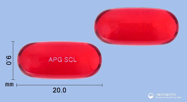 쏙콜에프연질캡슐 앞뒤 사진 (빨간색·투명 캡슐, 각인 APG SCL)