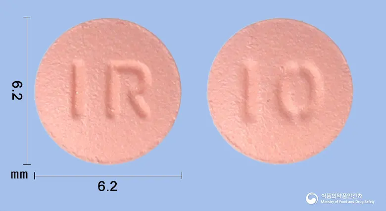 일성리바록사반정10밀리그램 앞뒤 사진 (분홍색 원형, 각인 IR / 10)