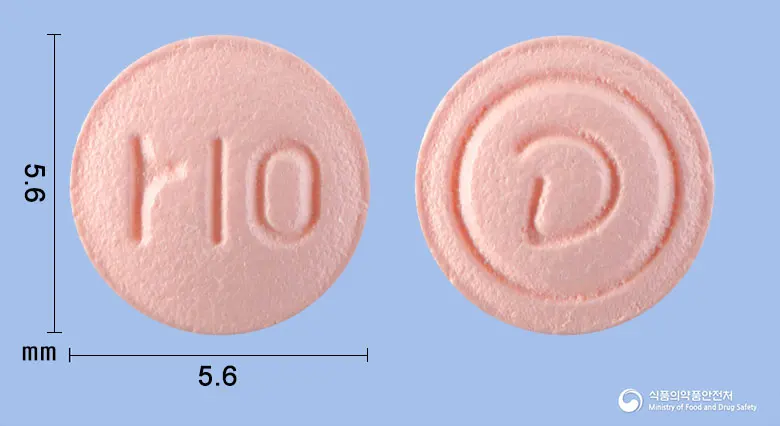 리록사반정10밀리그램(리바록사반) 앞뒤 사진 (분홍색 원형, 각인 r10)