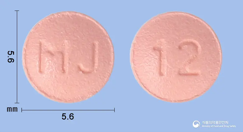 리바록엠정10밀리그램(리바록사반) 앞뒤 사진 (분홍색 원형, 각인 MJ / 12)