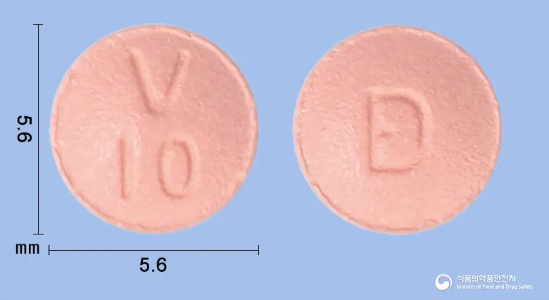 바렐토정10밀리그램(리바록사반) 앞뒤 사진 (분홍색 원형, 각인 V10)