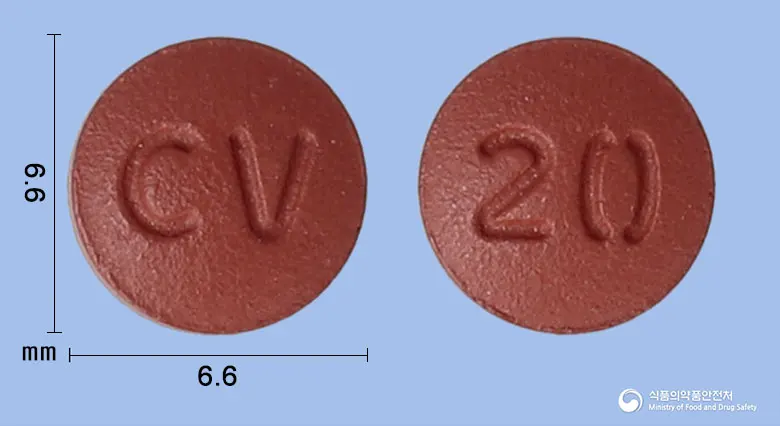 리보록사정20밀리그램(리바록사반) 앞뒤 사진 (빨간색 원형, 각인 CV / 20)