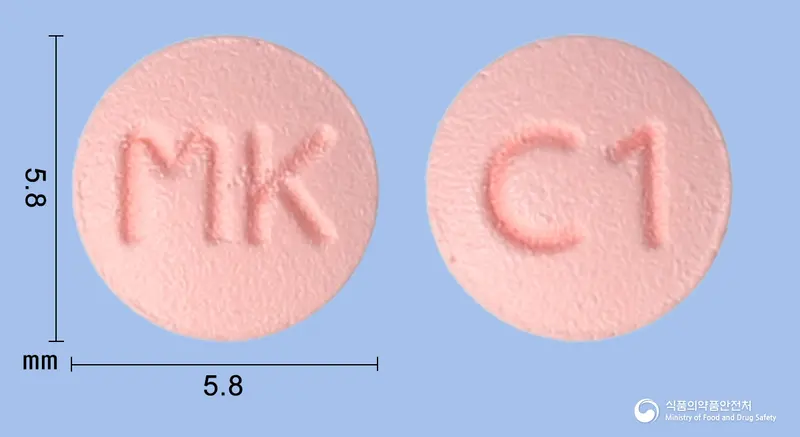 리바록정10밀리그램(리바록사반) 앞뒤 사진 (분홍색 원형, 각인 MK / C1)
