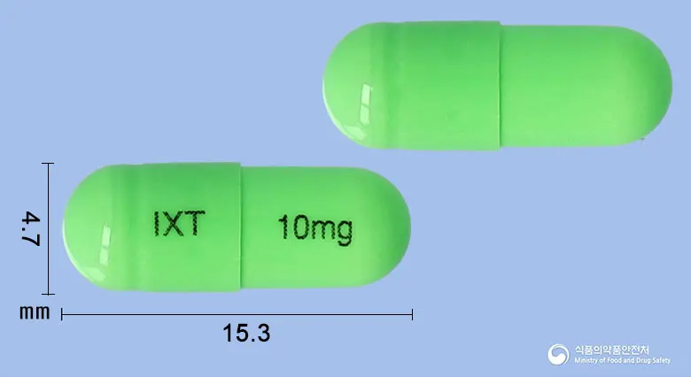 아이세틴캡슐10밀리그램(플루옥세틴염산염) 앞뒤 사진 (연두색 캡슐, 각인 IXT 10mg)