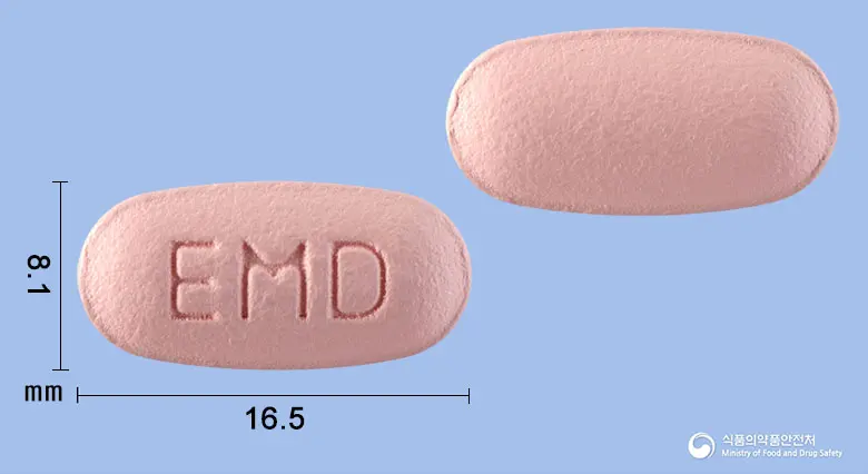 에소맥스듀오정20/800밀리그램 앞뒤 사진 (분홍색 타원형, 각인 EMD)