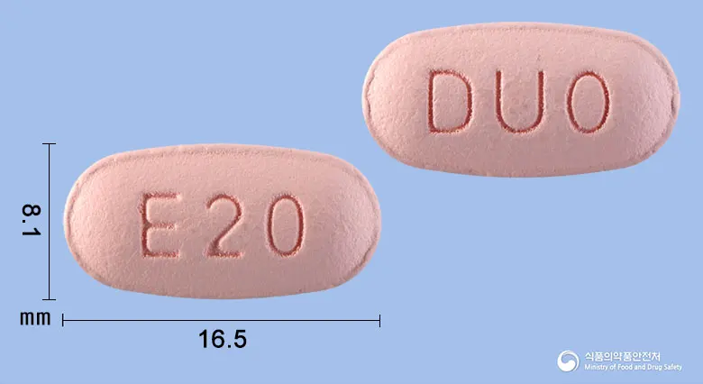 에스졸듀오정20/800밀리그램 앞뒤 사진 (분홍색 타원형, 각인 E20 / DUO)