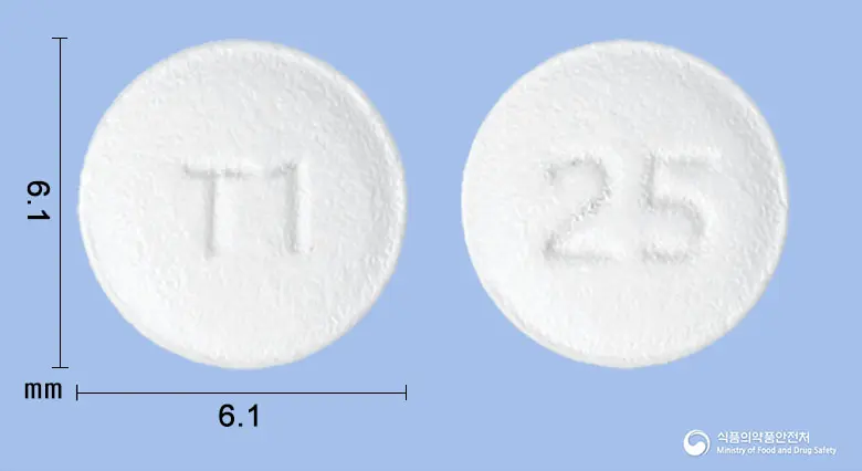 토피아정(토피라메이트) 앞뒤 사진 (흰색 원형, 각인 TI / 25)
