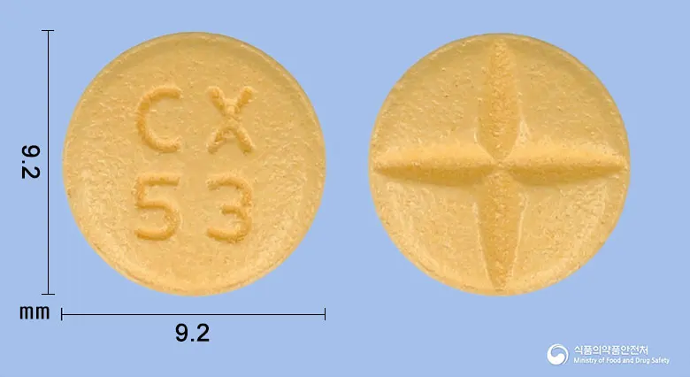 에스토프정100mg(토피라메이트) 앞뒤 사진 (노란색 원형, 각인 CX53)