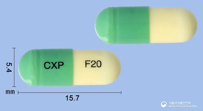 다이너컷캡슐20mg(플루옥세틴염산염) 앞뒤 사진 (연두색 캡슐, 각인 CXP F20)