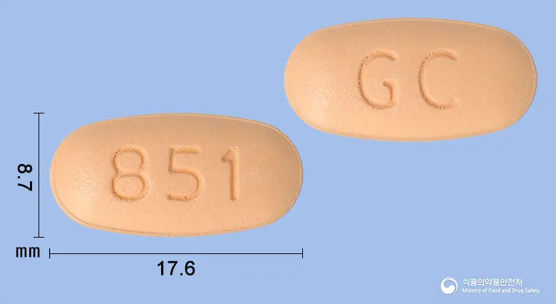로제텔정80/5/10밀리그램 앞뒤 사진 (주황색 타원형, 각인 851 / GC)