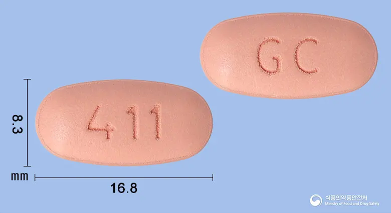 로제텔정40/10/10밀리그램 앞뒤 사진 (분홍색 타원형, 각인 411 / GC)