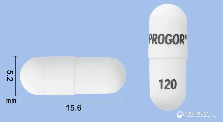 푸로골서방캡슐120밀리그램(딜티아젬염산염) 앞뒤 사진 (흰색 캡슐, 각인 PROGOR 120)