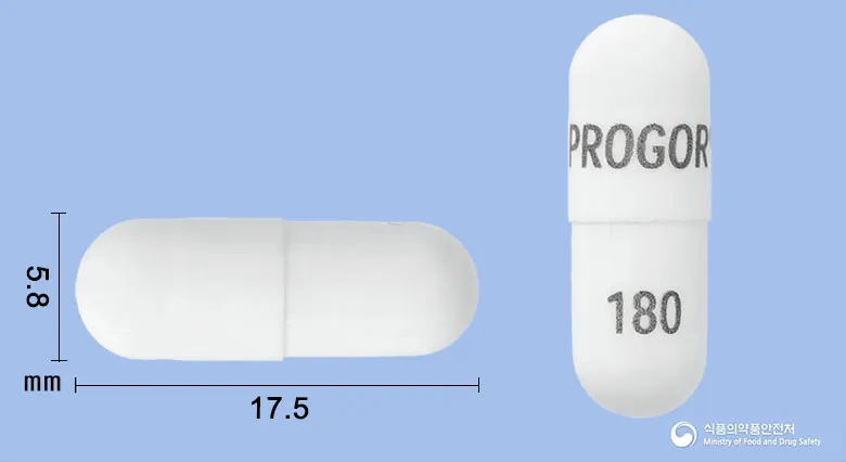 푸로골서방캡슐180밀리그램(딜티아젬염산염) 앞뒤 사진 (흰색 캡슐, 각인 PROGOR 180)