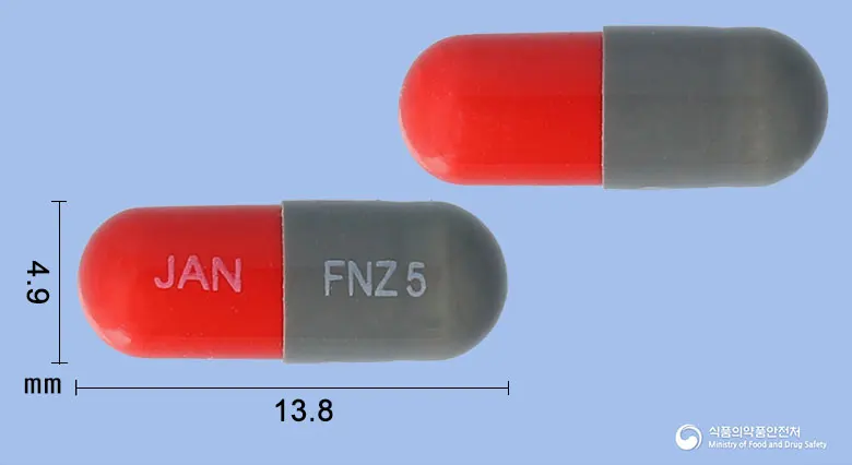 씨베리움캡슐(플루나리진염산염) 앞뒤 사진 (회색 캡슐, 각인 JAN FNZ5)