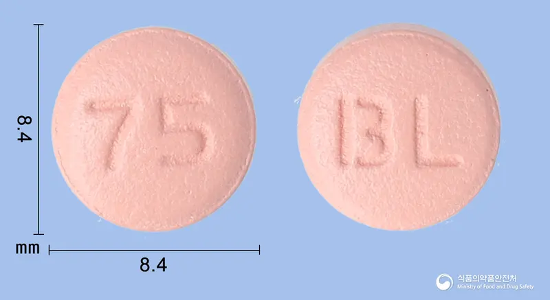 비엘클로비스정(클로피도그렐황산수소염) 앞뒤 사진 (분홍색 원형, 각인 75 / BL)