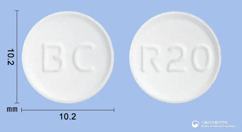 수바로오디정20밀리그램(로수바스타틴칼슘(미분화)) 앞뒤 사진 (흰색 원형, 각인 BC / R20)