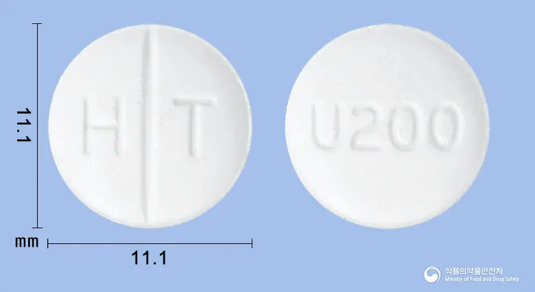 우루리버정200밀리그램(우르소데옥시콜산)(수출용) 앞뒤 사진 (흰색 원형, 각인 H T / U200)