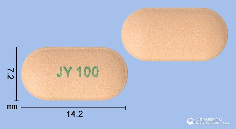 다파그린에스정10/100밀리그램 앞뒤 사진 (분홍색 장방형, 각인 JY100)