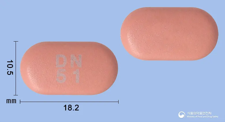 시타포민알파정50/1000mg 앞뒤 사진 (분홍색 장방형, 각인 DN51)