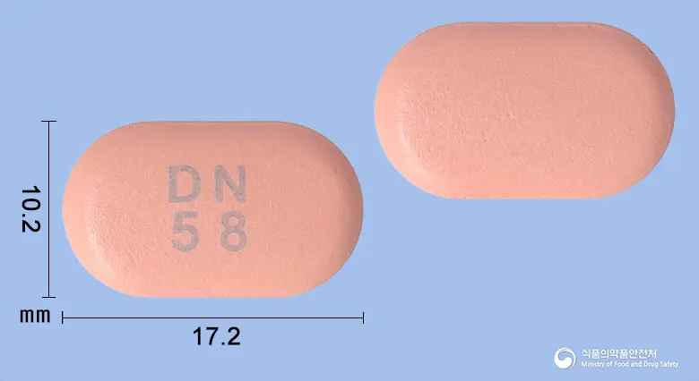 시타포민알파정50/850mg 앞뒤 사진 (분홍색 장방형, 각인 DN58)