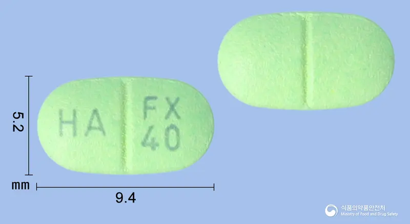 앱시토정40밀리그램(펙수프라잔염산염) 앞뒤 사진 (연두색 타원형, 각인 HA FX 40)