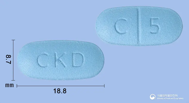 칸타벨에이정16/10/40밀리그램 앞뒤 사진 (파란색 타원형, 각인 CKD / C 5)