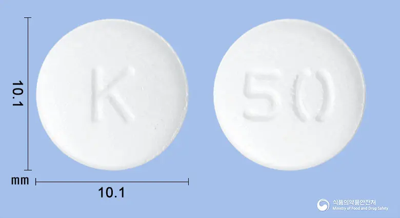 케이캡구강붕해정50밀리그램(테고프라잔) 앞뒤 사진 (흰색 원형, 각인 K / 50)