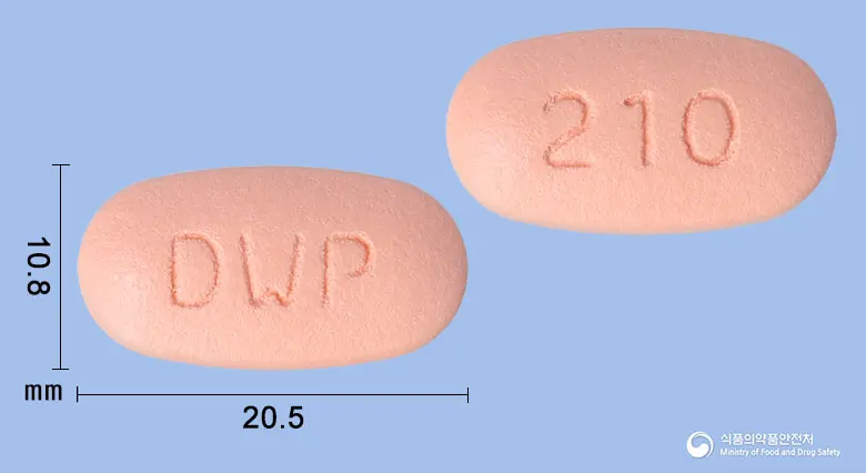 테네틴엠서방정20/1000밀리그램 앞뒤 사진 (분홍색 타원형, 각인 DWP / 210)