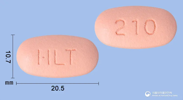 테네로엠서방정20/1000밀리그램 앞뒤 사진 (분홍색 타원형, 각인 HLT / 210)