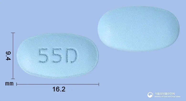 자누리틴콤비서방정50/500 밀리그램 앞뒤 사진 (파란색 타원형, 각인 55D)