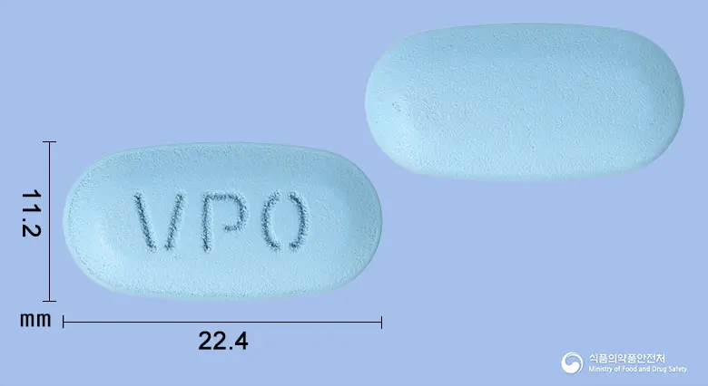 이글립틴엑스알서방정100/1000밀리그램 앞뒤 사진 (파란색 타원형, 각인 VP0)