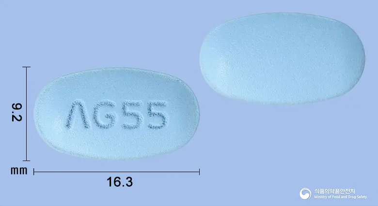 에이시타메트엑스알서방정50/500밀리그램 앞뒤 사진 (파란색 타원형, 각인 ΛG55)