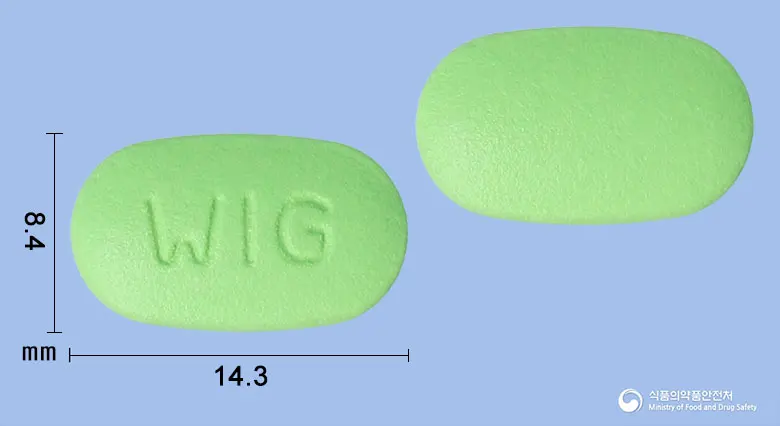 위아제정 앞뒤 사진 (연두색 타원형, 각인 WIG)