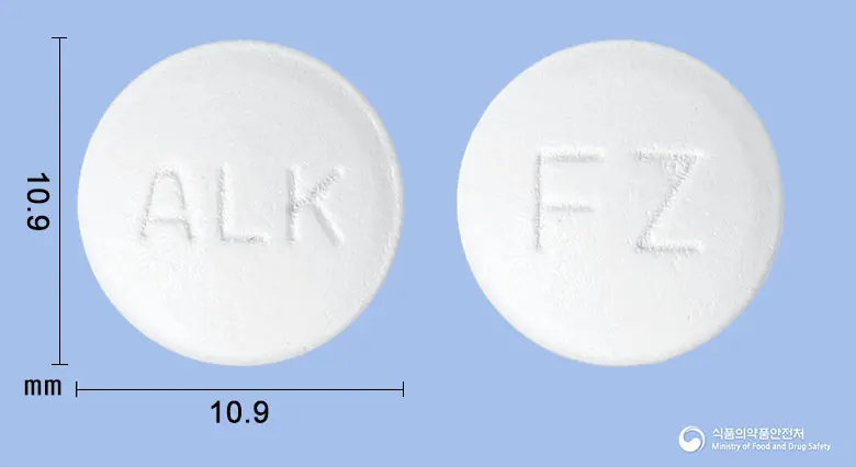 페노제티브정 앞뒤 사진 (흰색 원형, 각인 ALK / FZ)