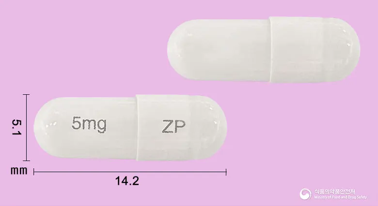 잘레딥캡슐5밀리그램(잘레플론) 앞뒤 사진 (흰색 캡슐, 각인 5mg ZP)