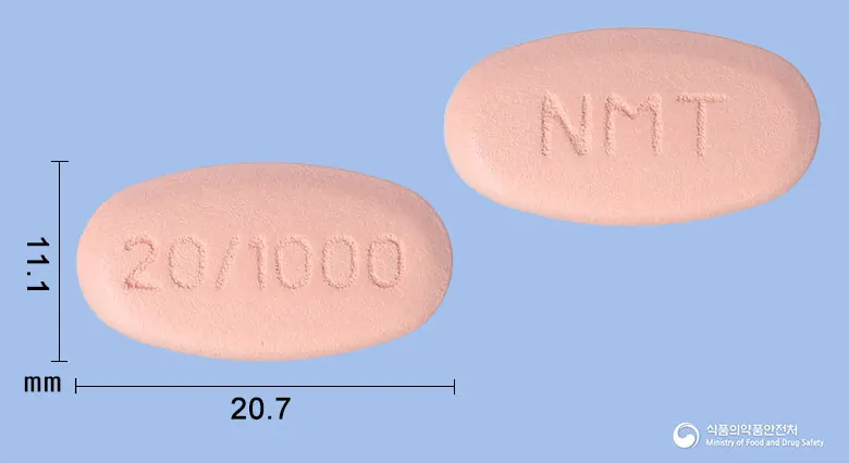 테네리엠서방정20/1000밀리그램 앞뒤 사진 (분홍색 타원형, 각인 20/1000 / NMT)
