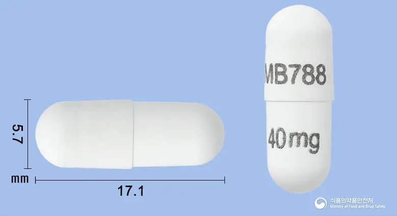 엑스키비티캡슐40밀리그램(모보서티닙숙신산염) 앞뒤 사진 (흰색 캡슐, 각인 MB788 40mg)