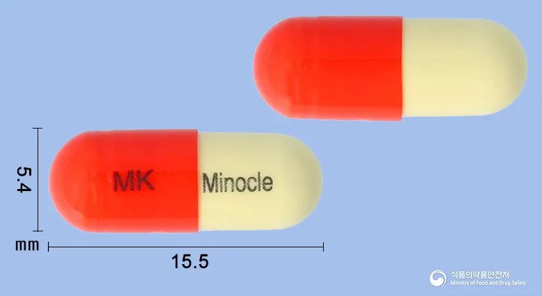미노클캡슐50밀리그램(미노사이클린염산염) 앞뒤 사진 (빨간색 캡슐, 각인 MK Minocle)
