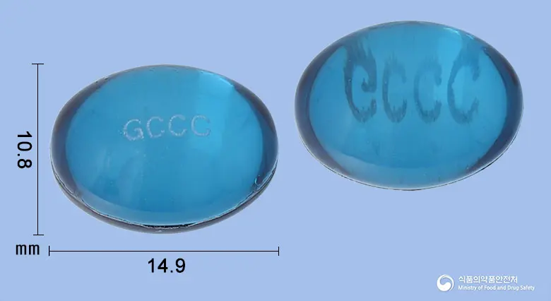 콜록코프연질캡슐 앞뒤 사진 (파란색·투명 캡슐, 각인 GCCC)