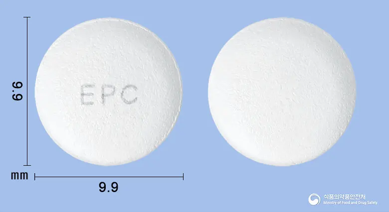 에페크로닉정 앞뒤 사진 (흰색 원형, 각인 EPC)